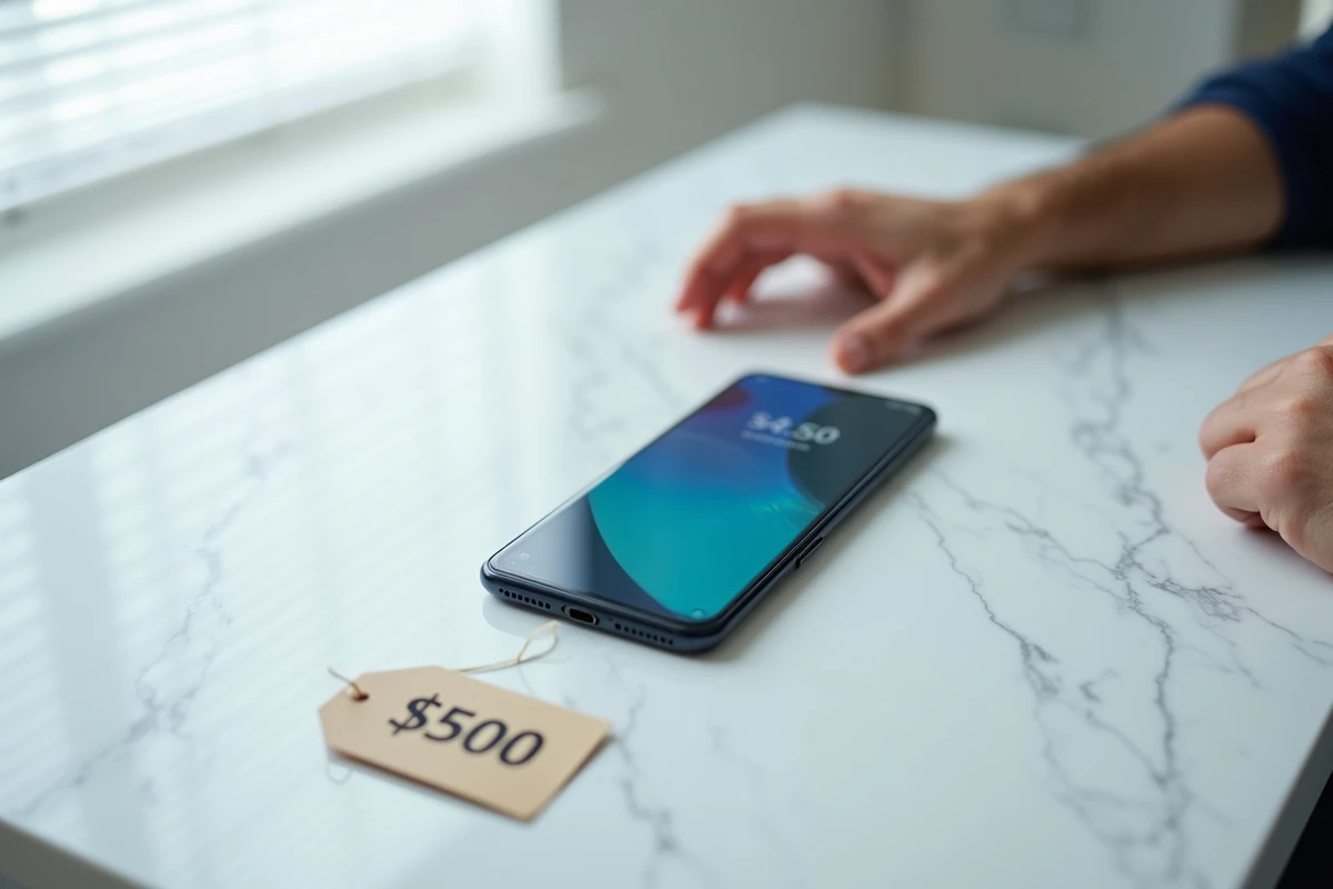 Samsung Galaxy A51 posé sur un bureau en marbre blanc avec une étiquette de prix, vue de dessus