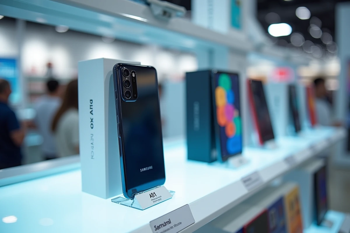 Samsung Galaxy A51 exposé en rayon de magasin électronique avec étiquette de prix et autres smartphones