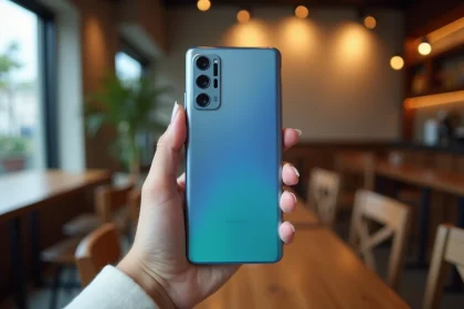 Samsung Galaxy A51 tenu en main dans un café, vue du dos avec module caméra quadruple visible