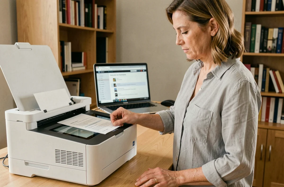 Femme scannant un document sur une imprimante multifonction dans un bureau à domicile, avec un email ouvert sur un ordinateur portable en arrière-plan