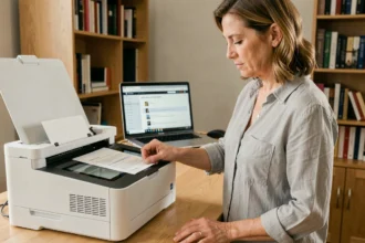 Femme scannant un document sur une imprimante multifonction dans un bureau à domicile, avec un email ouvert sur un ordinateur portable en arrière-plan