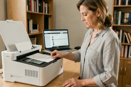 Femme scannant un document sur une imprimante multifonction dans un bureau à domicile, avec un email ouvert sur un ordinateur portable en arrière-plan