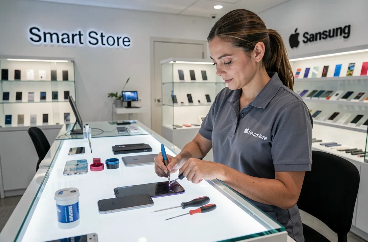 Technicienne Smart Store Valentine réparant un iPhone et un Samsung dans la boutique à Marseille