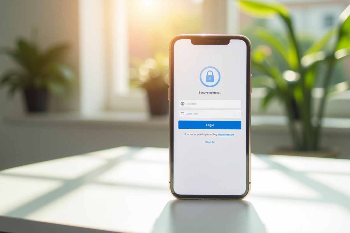 Smartphone affichant une page de connexion sécurisée dans une ambiance lumineuse