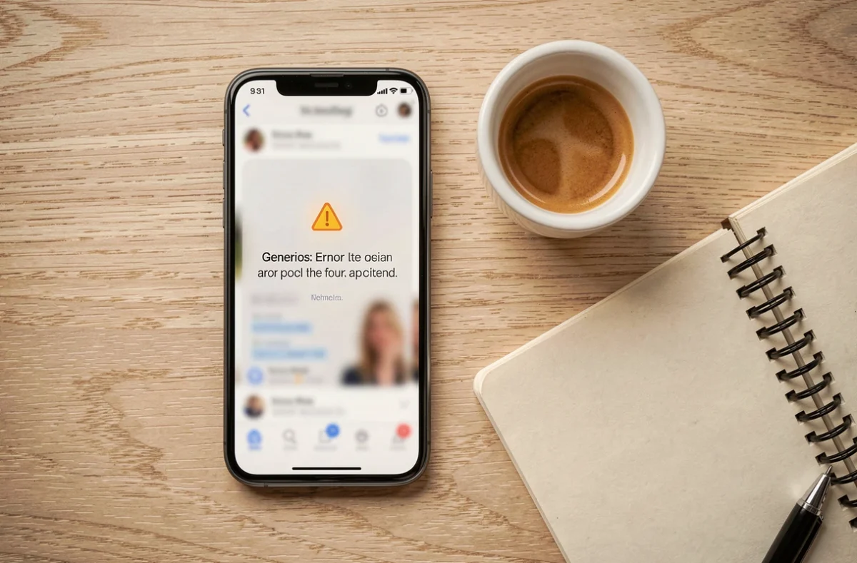 Vue aérienne d'un smartphone affichant un message d'erreur story indisponible posé sur une table en bois avec un carnet et un café