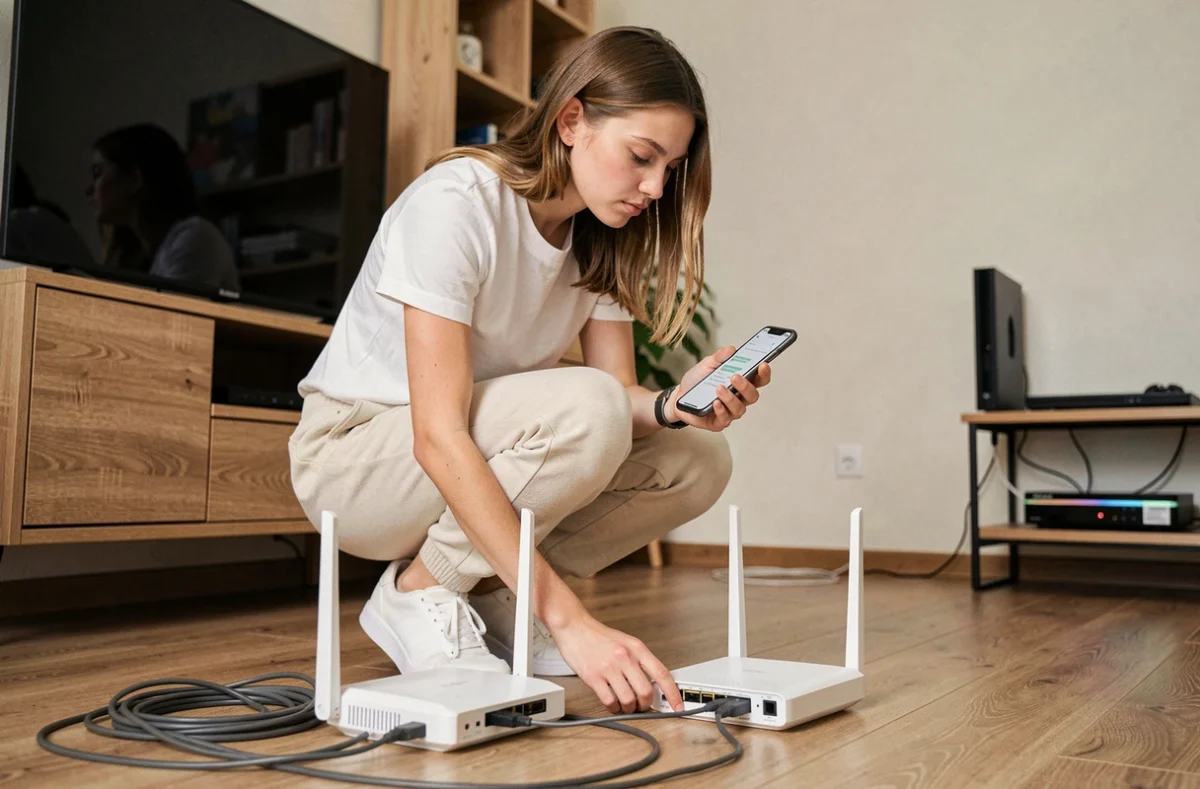 Jeune femme vérifiant les paramètres de sa box internet pour résoudre un problème de connexion Fortnite