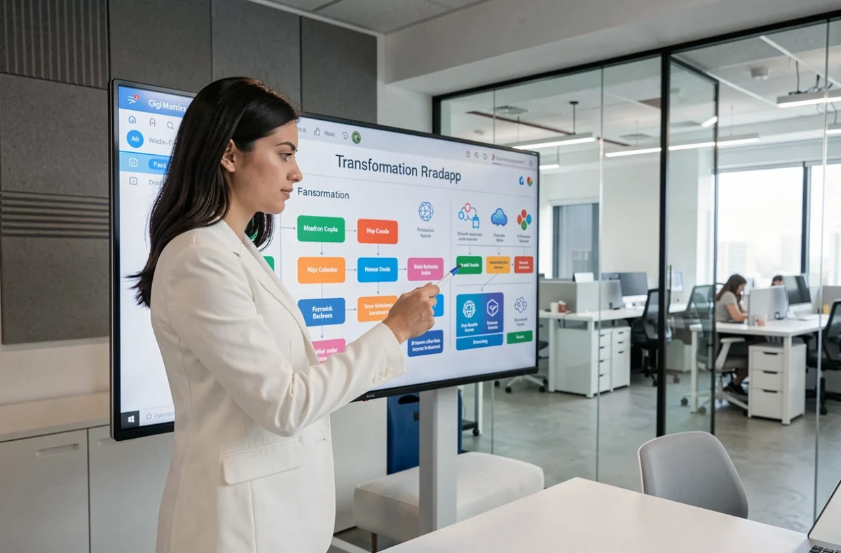 Experte en transformation digitale et IA no code Takopix présentant un workflow automatisé sur grand écran tactile