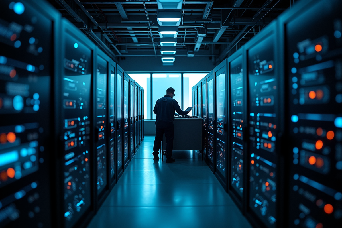 Technicien travaillant sur un serveur 5G dans un centre de données