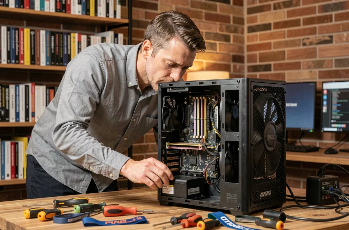 Technicien informatique inspectant les composants internes d'un PC de bureau pour vérifier la compatibilité matérielle avec Windows 7