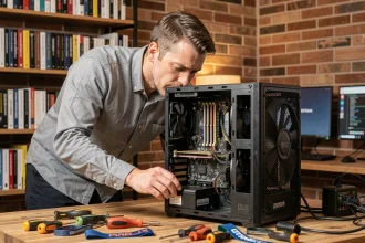 Technicien informatique inspectant les composants internes d'un PC de bureau pour vérifier la compatibilité matérielle avec Windows 7