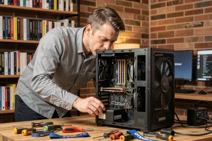 Technicien informatique inspectant les composants internes d'un PC de bureau pour vérifier la compatibilité matérielle avec Windows 7