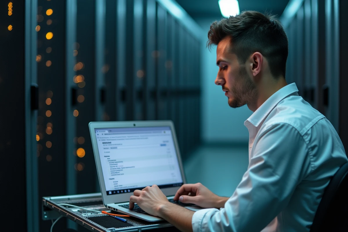 Technicien informatique vérifiant les paramètres SMTP et IMAP de Melanie2web dans une salle de serveurs
