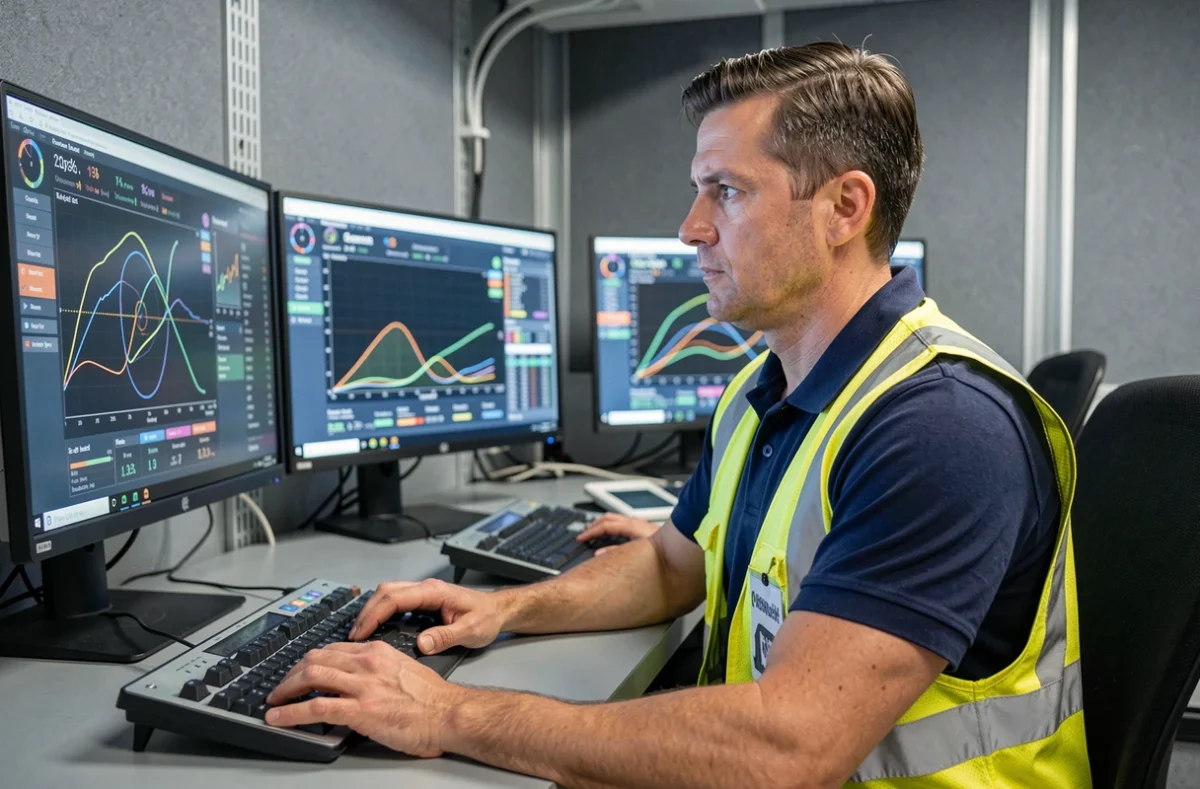 Technicien de télégestion assurant le suivi de systèmes connectés via des tableaux de bord numériques sur écrans multiples