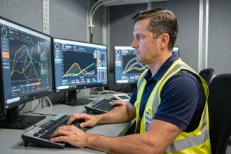 Technicien de télégestion assurant le suivi de systèmes connectés via des tableaux de bord numériques sur écrans multiples