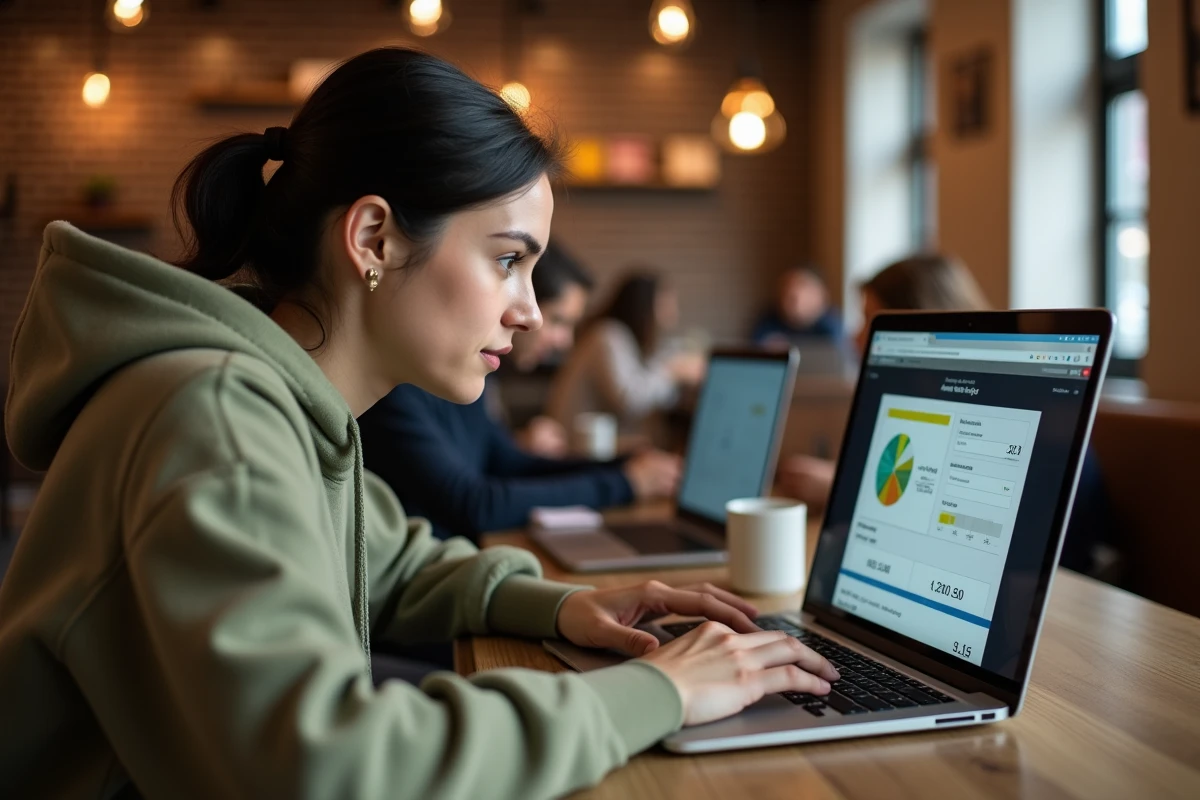 Femme entraînant sa vitesse de clic sur un test Kohi en ligne depuis un ordinateur portable dans un café