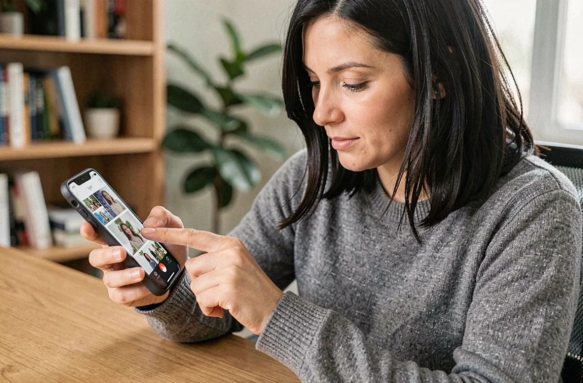 Femme tenant un Google Pixel 9 et consultant ses photos dans un bureau à domicile moderne