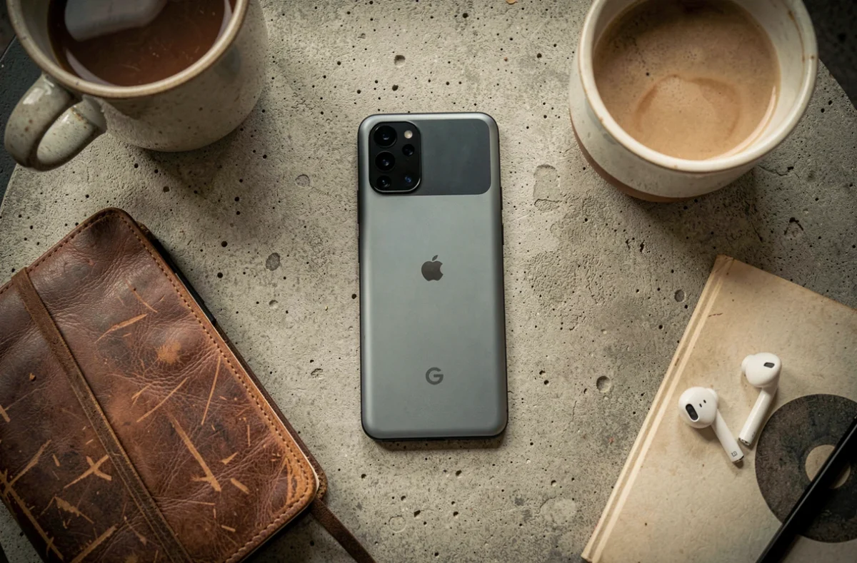 Google Pixel 9 posé sur une table de café avec accessoires du quotidien, vue de dessus