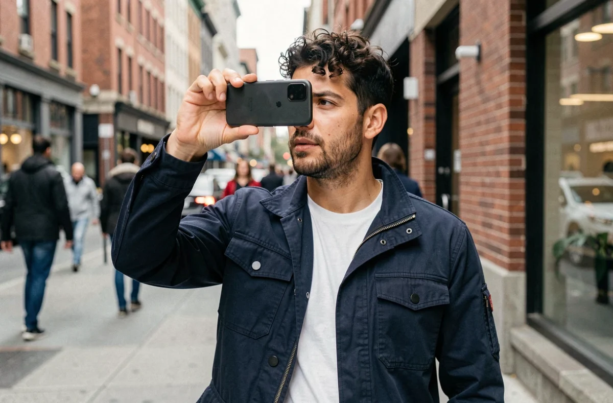 Homme photographiant une rue animée avec le Google Pixel 9 dans un environnement urbain