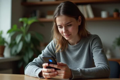 Jeune femme regardant son smartphone avec une expression perplexe face à un profil Instagram introuvable