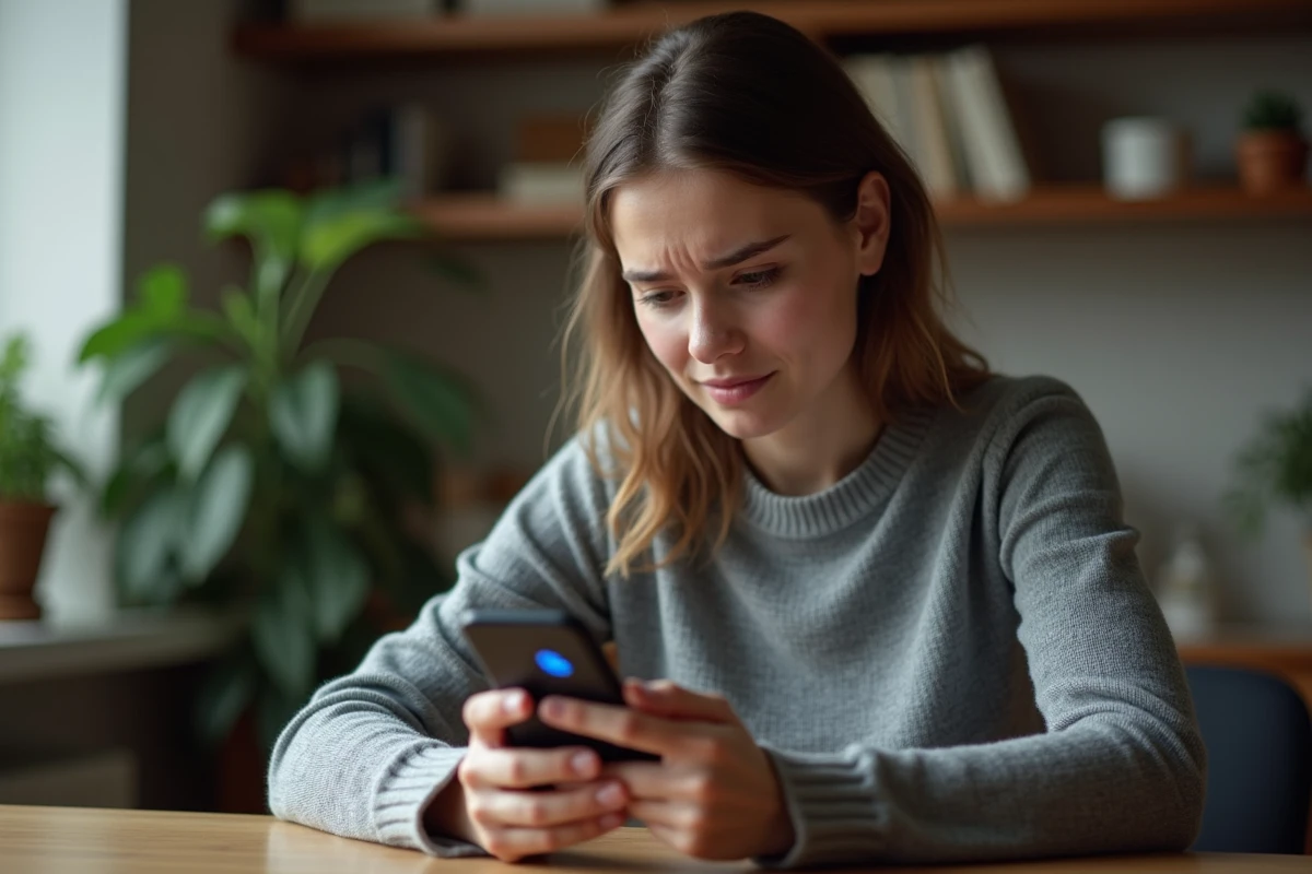 Jeune femme regardant son smartphone avec une expression perplexe face à un profil Instagram introuvable