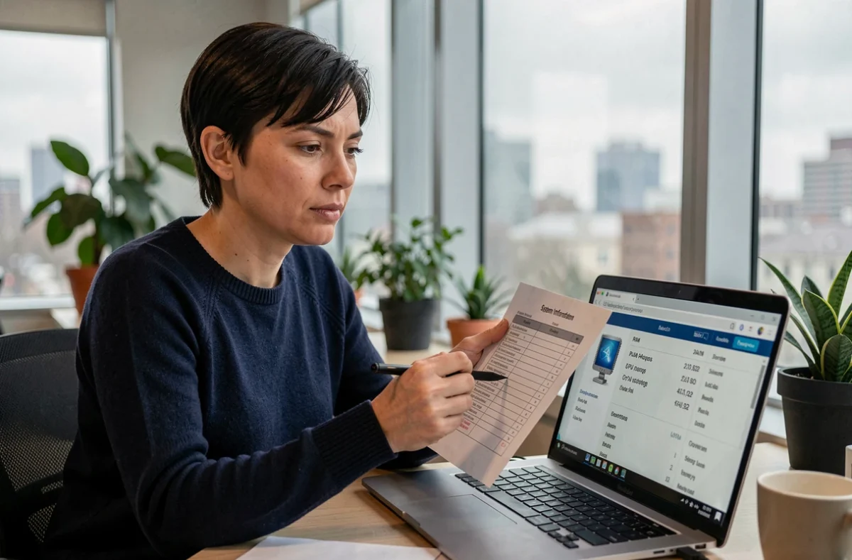 Femme vérifiant les spécifications système de son ordinateur portable pour évaluer la compatibilité avec le téléchargement ISO de Windows 7