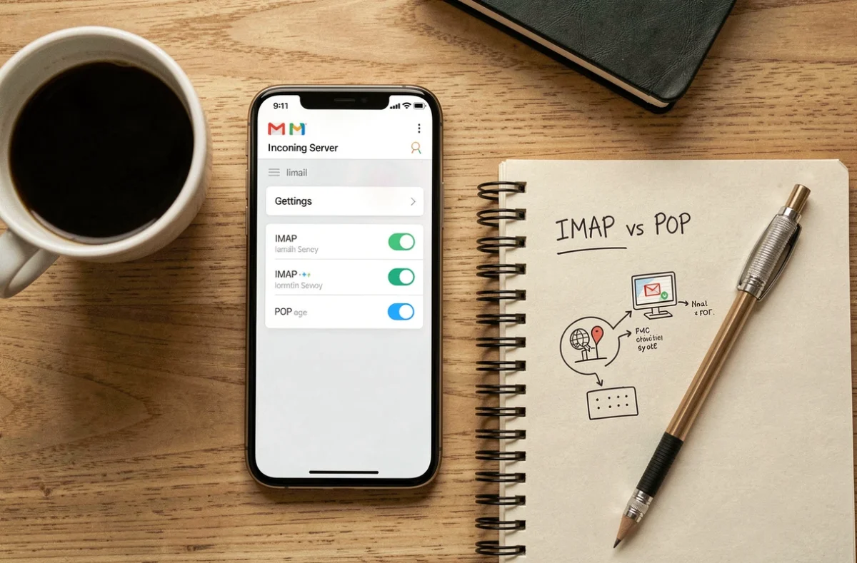 Vue aérienne d'un smartphone affichant les paramètres IMAP et POP Gmail avec un carnet de notes manuscrites sur un bureau en bois
