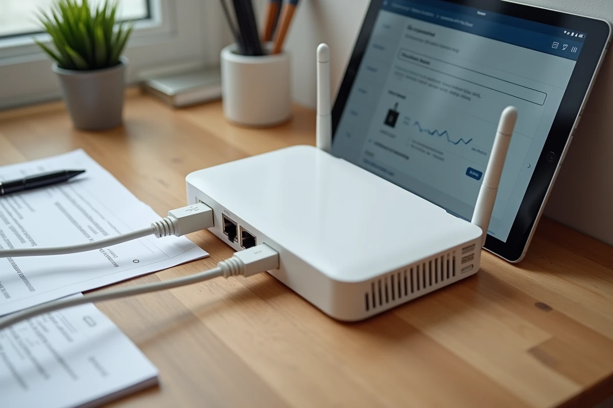 Vue aérienne d'un bureau avec routeur Wi-Fi et tablette affichant l'interface de configuration réseau domestique