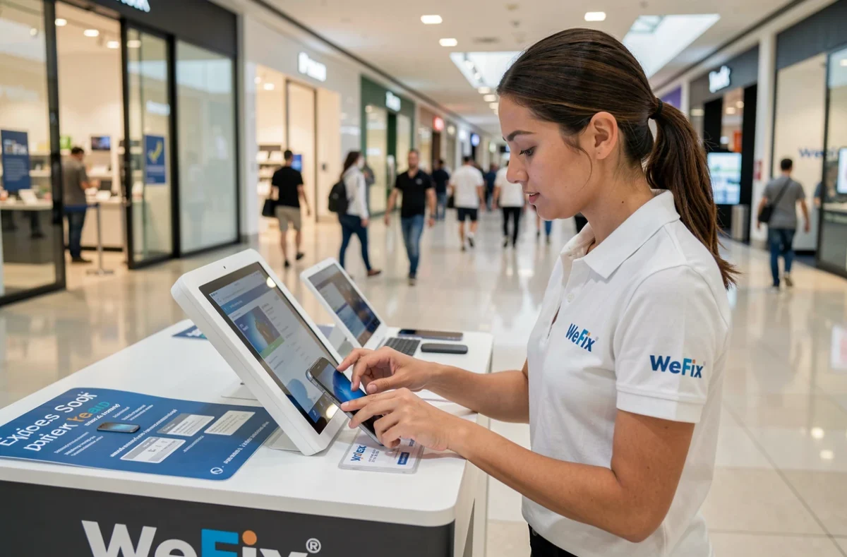 Technicienne WeFix réparant un smartphone à un kiosque express dans un centre commercial à Marseille